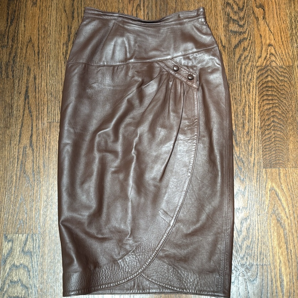 VTG Leather Brown Long  Bubble Skirt with Wrap and Ruched Details